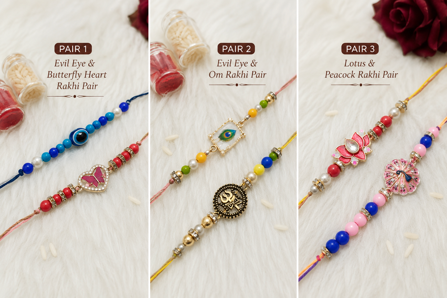 Handmade Lotus & Peacock Rakhi Set (Pack of 2),Evil Eye & Om Rakhi Set,Evil Eye & Butterfly Rakhi Set | Designer Beaded Rakhi