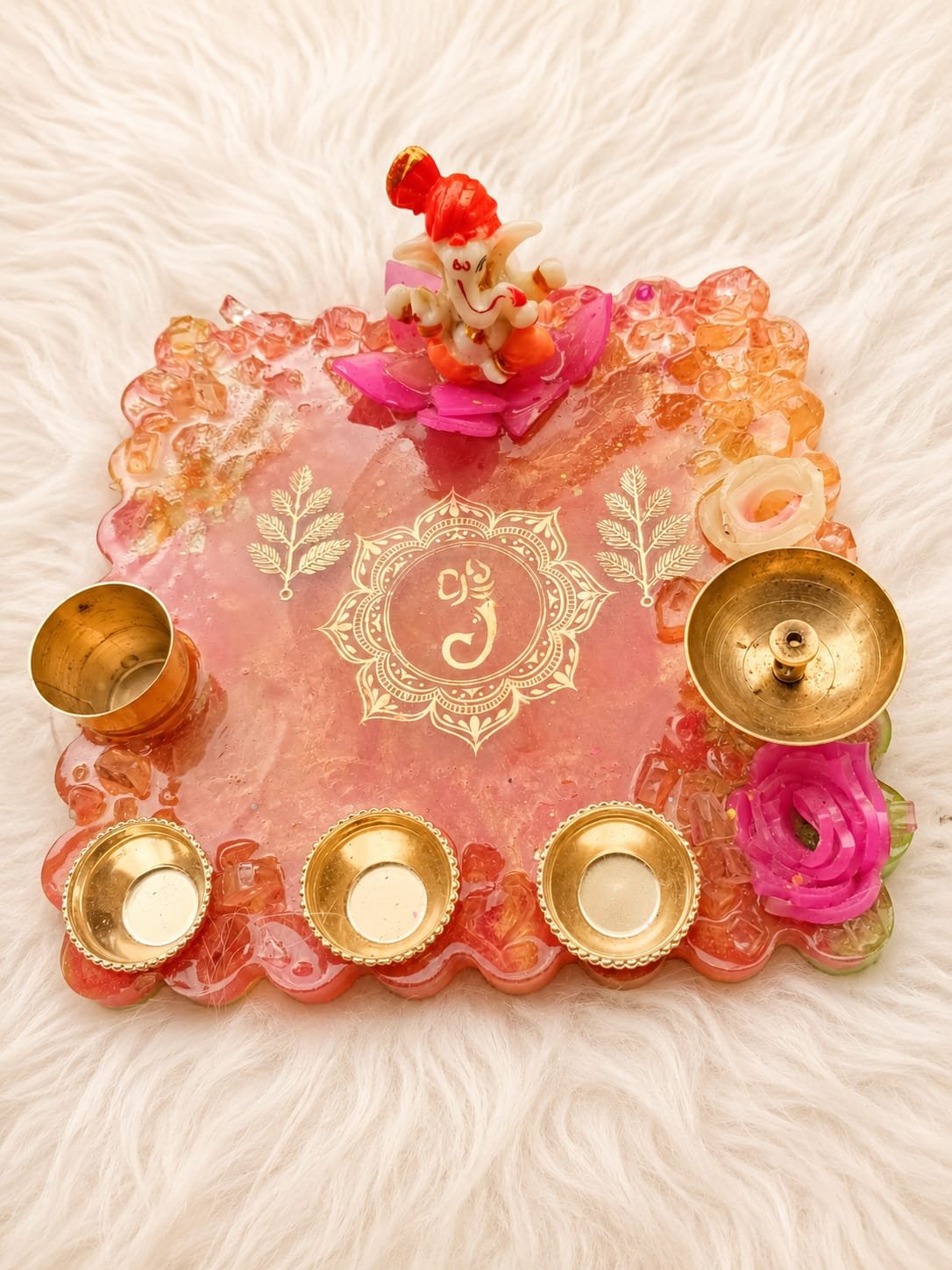 Handmade Pink Ganesha Resin Puja Thali Set with Brass Diyas | Decorative Pooja Platter | Prayan Hastkala