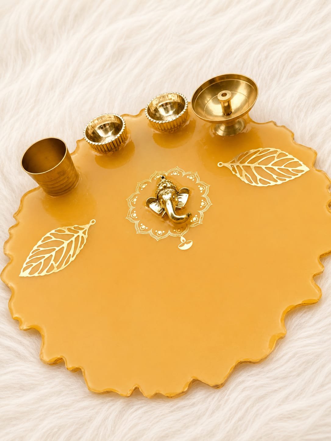 Handmade Golden Ganesha Resin Puja Thali Set with Brass Diyas | Complete Pooja Platter | Prayan Hastkala