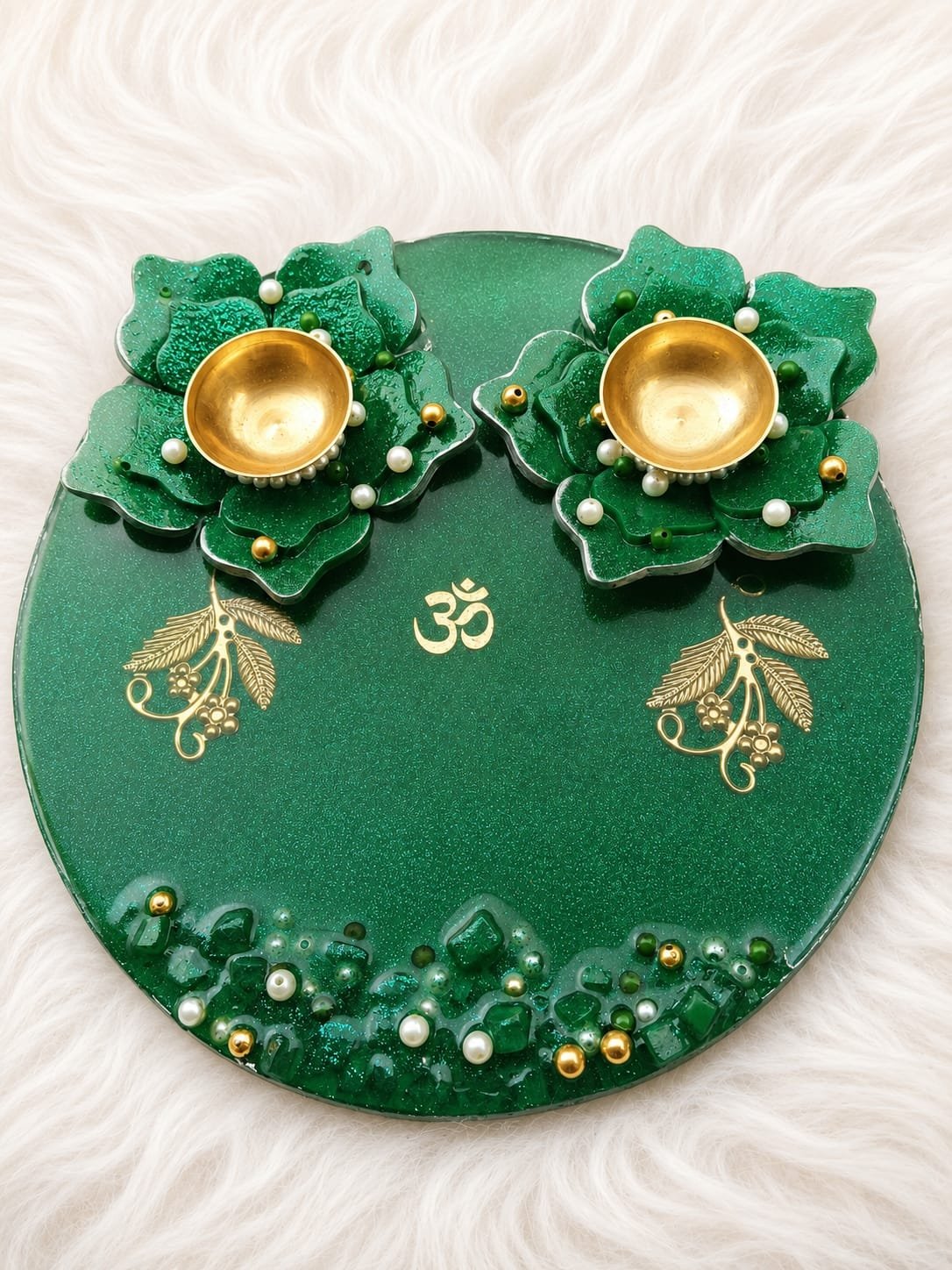 Elegant Green Resin Puja Thali with Lotus Diyas