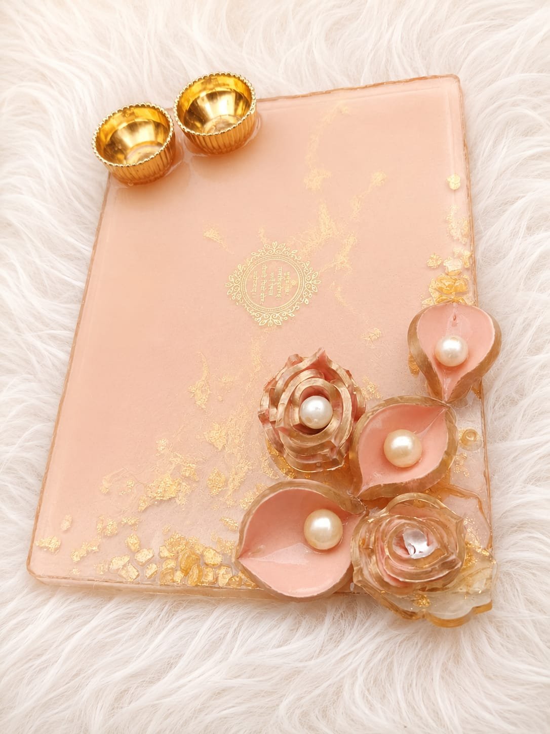 Handmade Peach Resin Puja Platter with Floral Diyas & Brass Diyas | Decorative Puja Thali | Prayan Hastkala