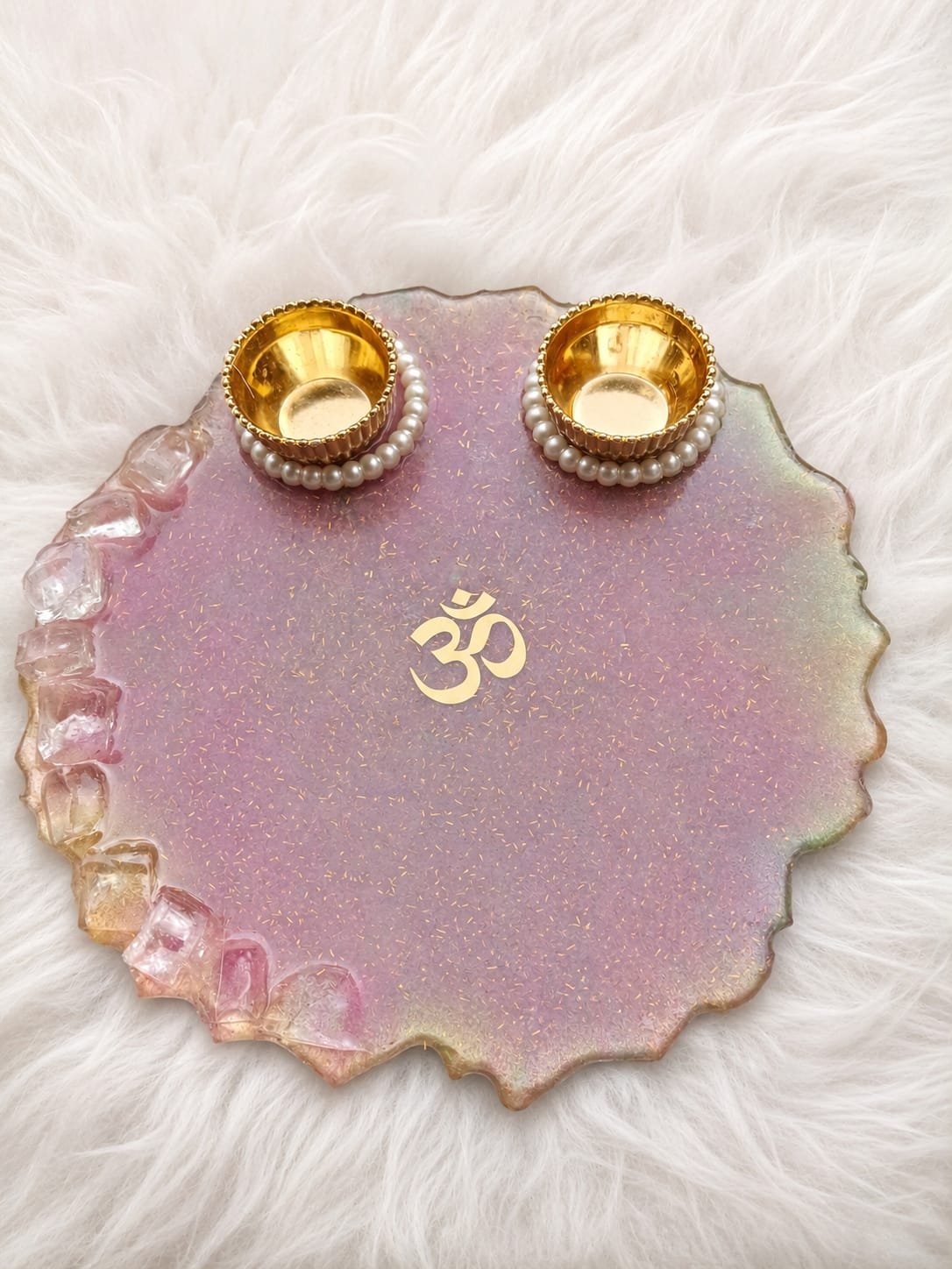Handmade Lavender Resin Puja Platter with Brass Diyas | Om Decorative Puja Thali | Prayan Hastkala