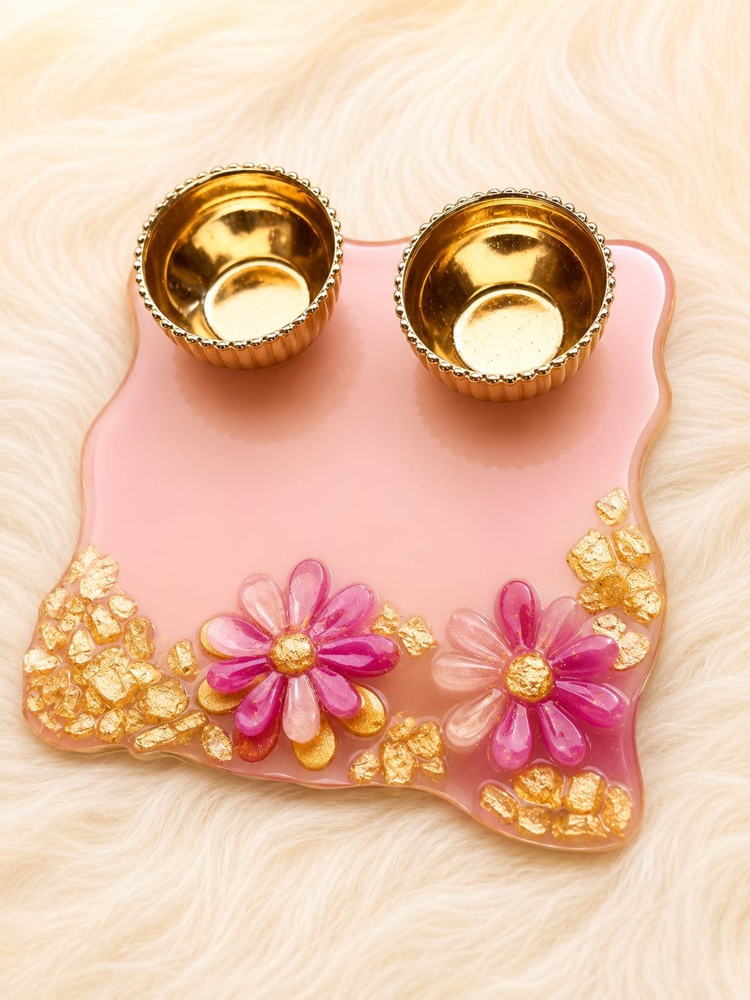 Handmade Pink Floral Resin Mini Puja Platter with Brass Diyas | Decorative Puja Thali | Prayan Hastkala