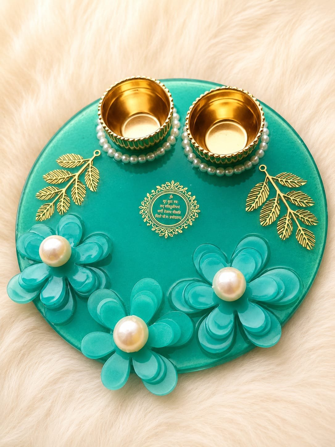 Premium Resin Puja Platter with Floral Design & Diyas