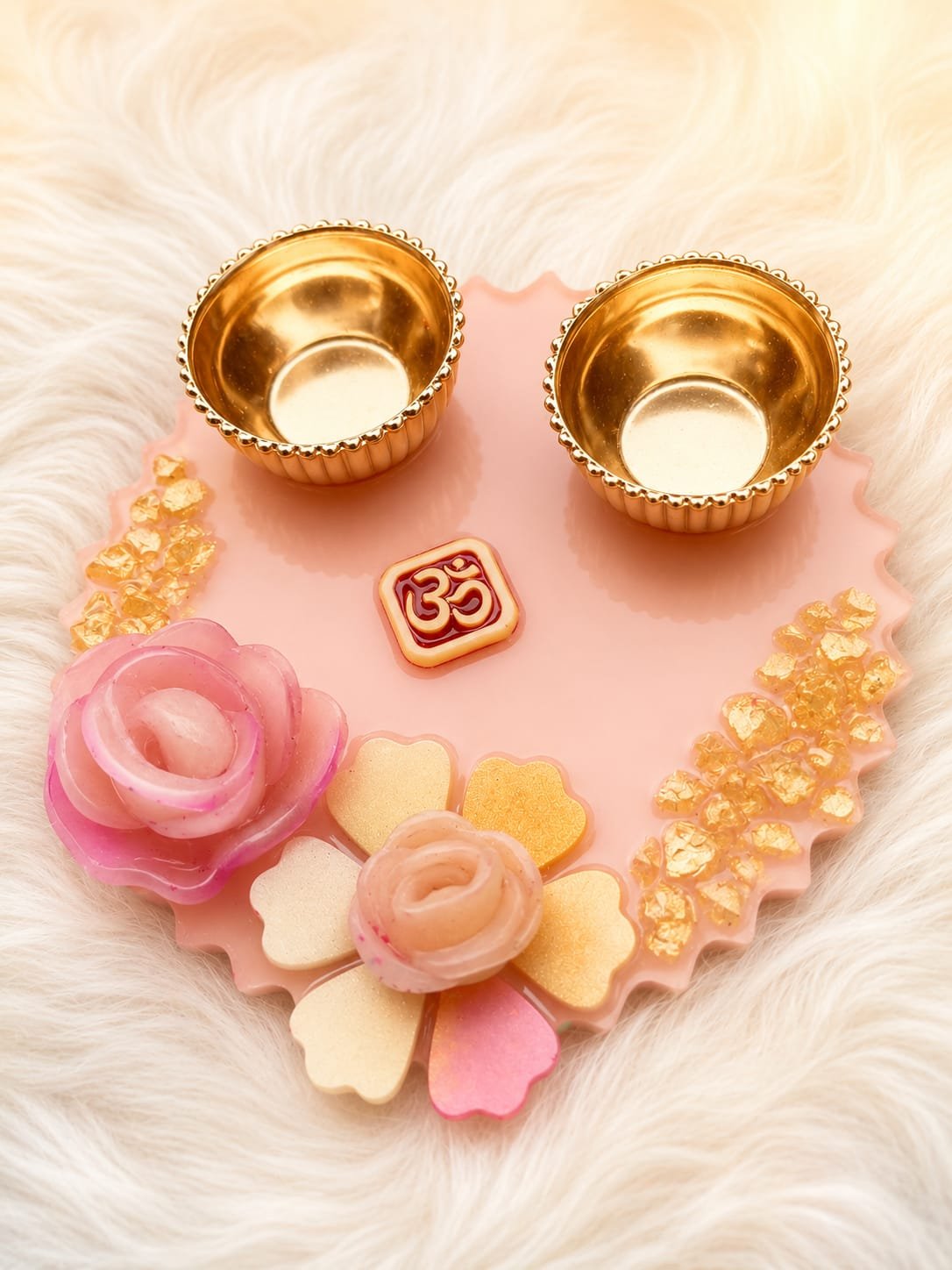 Handmade Pink Floral Resin Puja Platter with Brass Diyas | Decorative Puja Thali | Prayan Hastkala