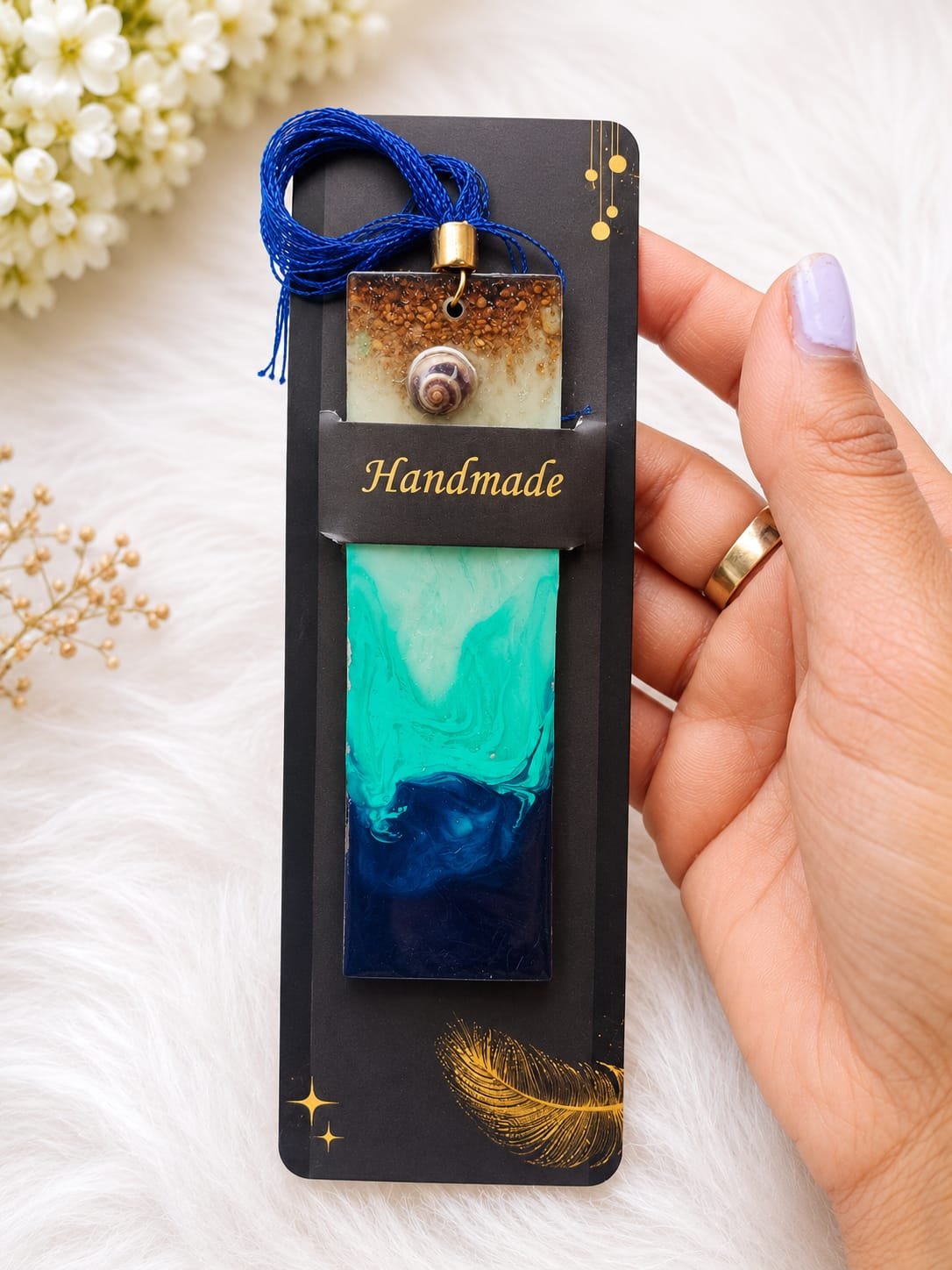Ocean Wave Resin Bookmark with Seashell | Handmade Epoxy Resin Bookmark with Tassel