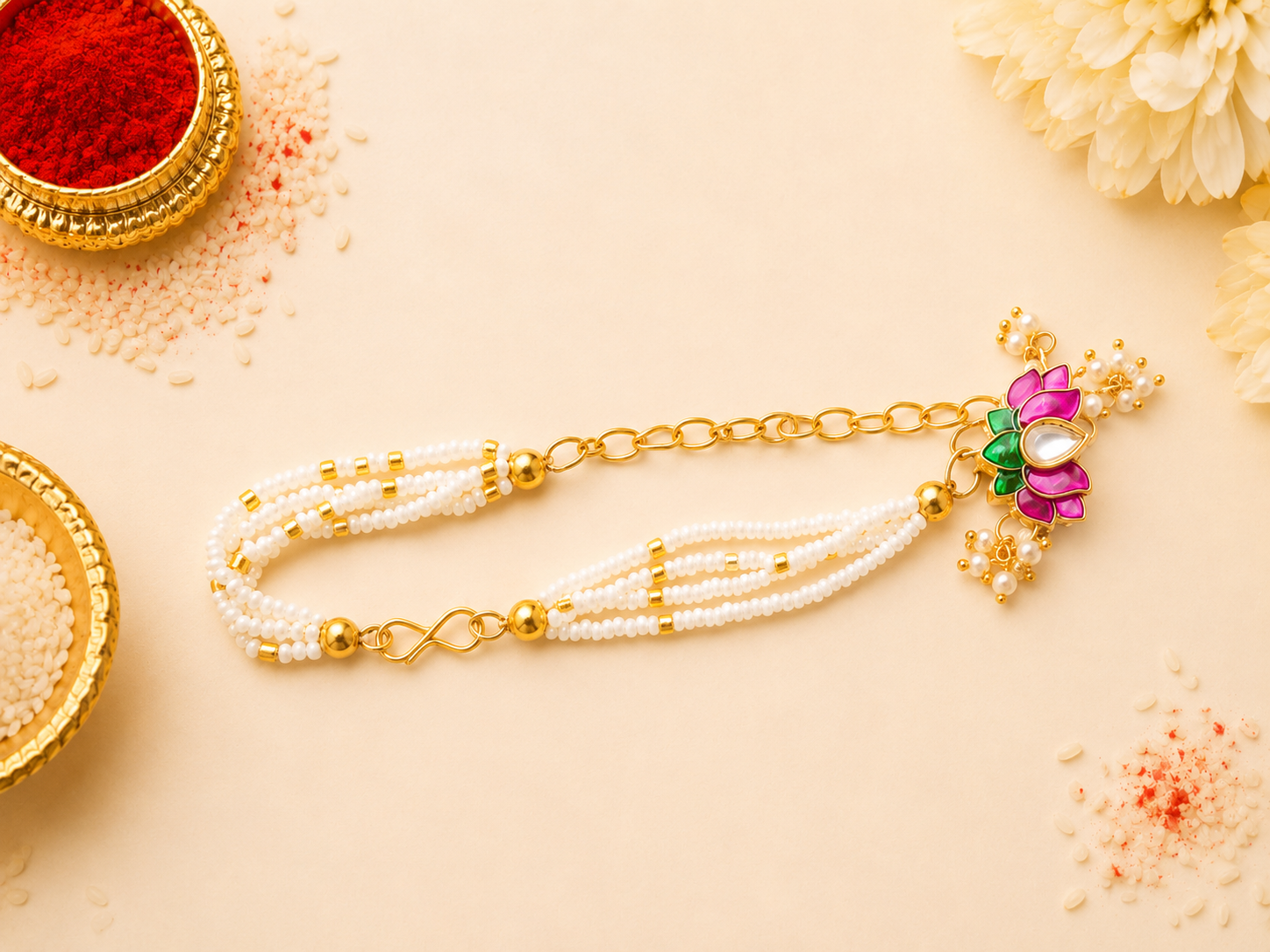White Pearl & Beads Designer Rakhi with Lotus Charm