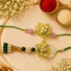 Fancy green Resin Flower Bhaiya Bhabhi Rakhi Set of 2 | Lumba Rakhi Included, Pearl Embellishments, Couple Rakhi Set, Beaded Thread, Floral Design