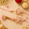 Fancy Pink Resin Flower Bhaiya Bhabhi Rakhi Set of 2 | Lumba Rakhi Included, Pearl Embellishments, Couple Rakhi Set, Beaded Thread, Floral Design