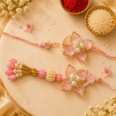 Fancy Pink Resin Flower Bhaiya Bhabhi Rakhi Set of 2 | Lumba Rakhi Included, Pearl Embellishments, Couple Rakhi Set, Beaded Thread, Floral Design