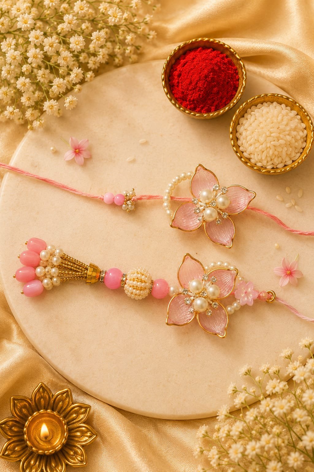Fancy Pink Resin Flower Bhaiya Bhabhi Rakhi Set of 2 | Lumba Rakhi Included, Pearl Embellishments, Couple Rakhi Set, Beaded Thread, Floral Design