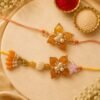 Fancy orange Resin Flower Bhaiya Bhabhi Rakhi Set of 2 | Lumba Rakhi Included, Pearl Embellishments, Couple Rakhi Set, Beaded Thread, Floral Design