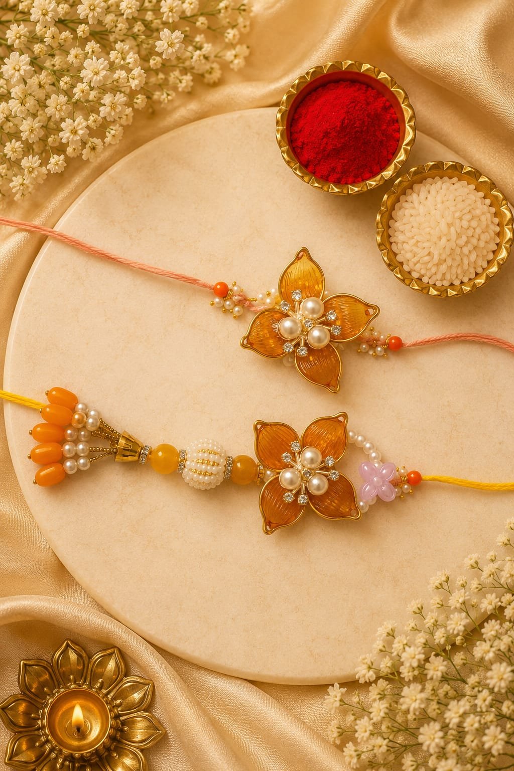 Fancy orange Resin Flower Bhaiya Bhabhi Rakhi Set of 2 | Lumba Rakhi Included, Pearl Embellishments, Couple Rakhi Set, Beaded Thread, Floral Design