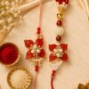 Fancy Red Resin Flower Bhaiya Bhabhi Rakhi Set of 2 | Lumba Rakhi Included, Pearl Embellishments, Couple Rakhi Set, Beaded Thread, Floral Design