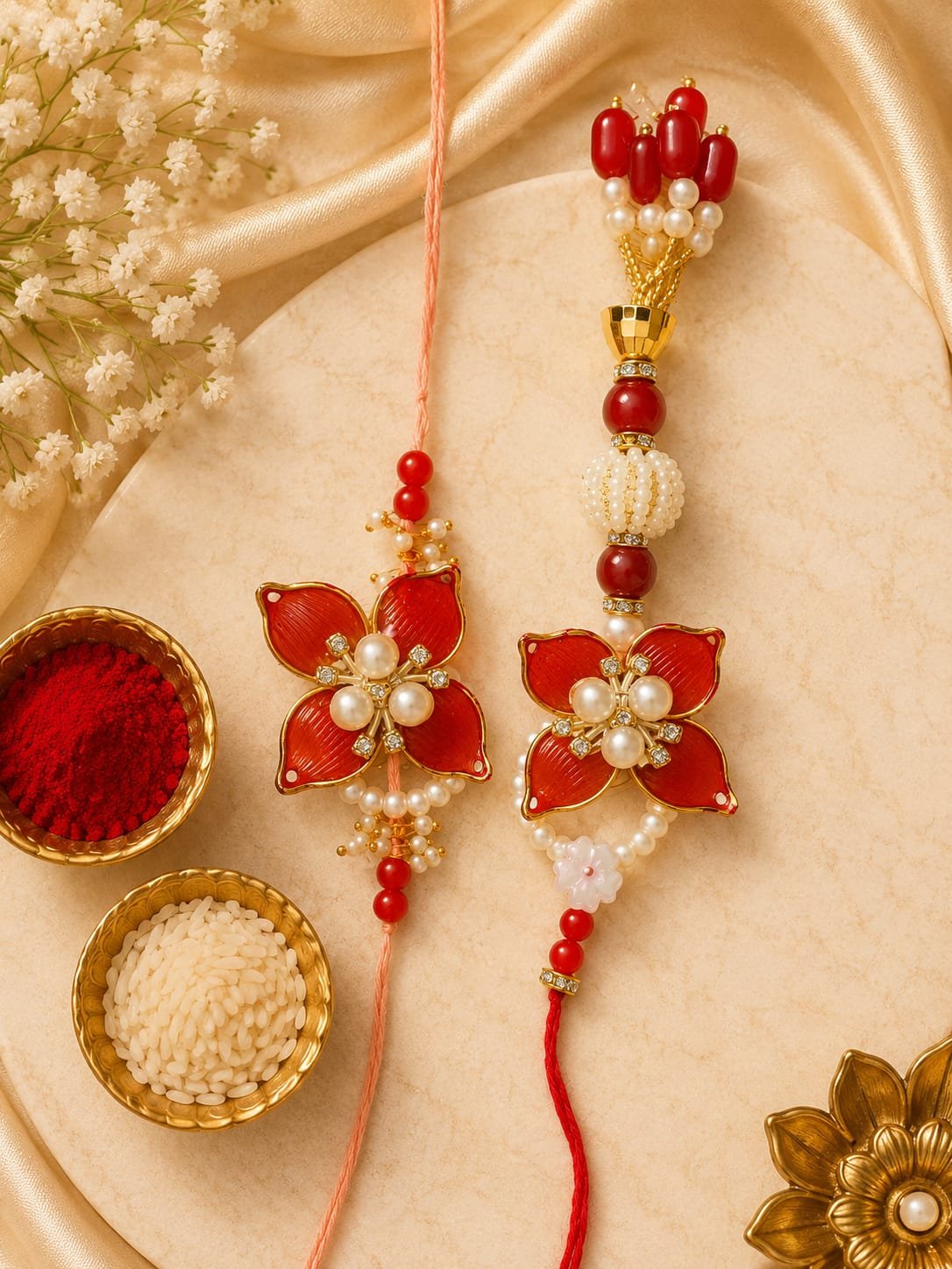 Fancy Red Resin Flower Bhaiya Bhabhi Rakhi Set of 2 | Lumba Rakhi Included, Pearl Embellishments, Couple Rakhi Set, Beaded Thread, Floral Design
