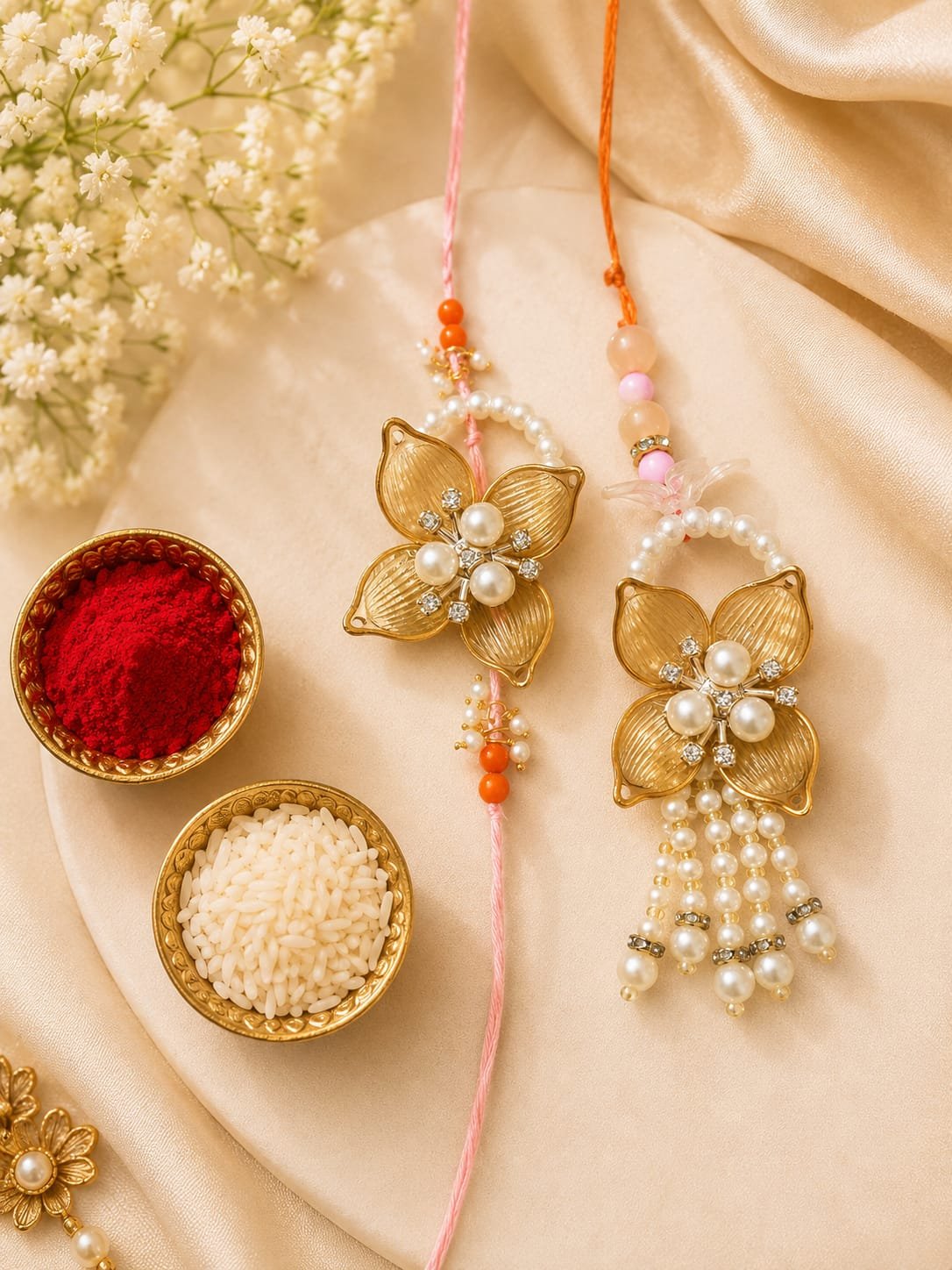 Fancy yellow Resin Flower Bhaiya Bhabhi Rakhi Set of 2 | Lumba Rakhi Included, Pearl Embellishments, Couple Rakhi Set, Beaded Thread, Floral Design