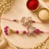 Fancy Purple Resin Flower Bhaiya Bhabhi Rakhi Set of 2 | Lumba Rakhi Included, Pearl Embellishments, Couple Rakhi Set, Beaded Thread, Floral Design