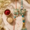 Fancy skyblue Resin Flower Bhaiya Bhabhi Rakhi Set of 2 | Lumba Rakhi Included, Pearl Embellishments, Couple Rakhi Set, Beaded Thread, Floral Design
