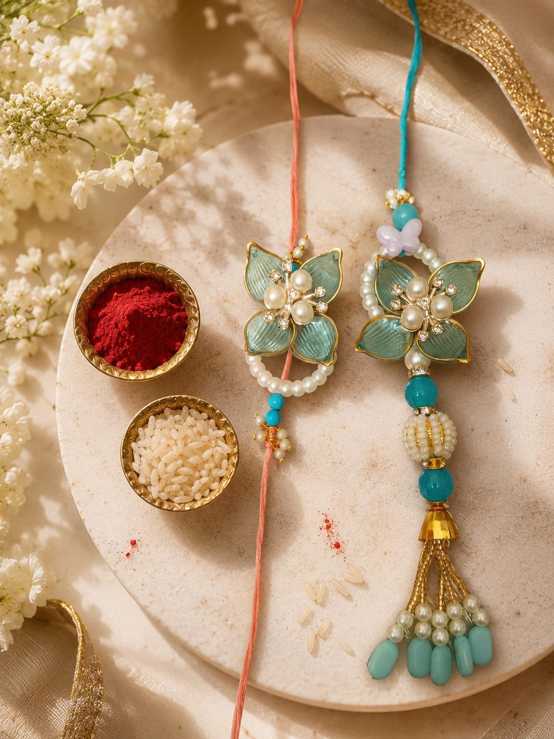 Fancy skyblue Resin Flower Bhaiya Bhabhi Rakhi Set of 2 | Lumba Rakhi Included, Pearl Embellishments, Couple Rakhi Set, Beaded Thread, Floral Design