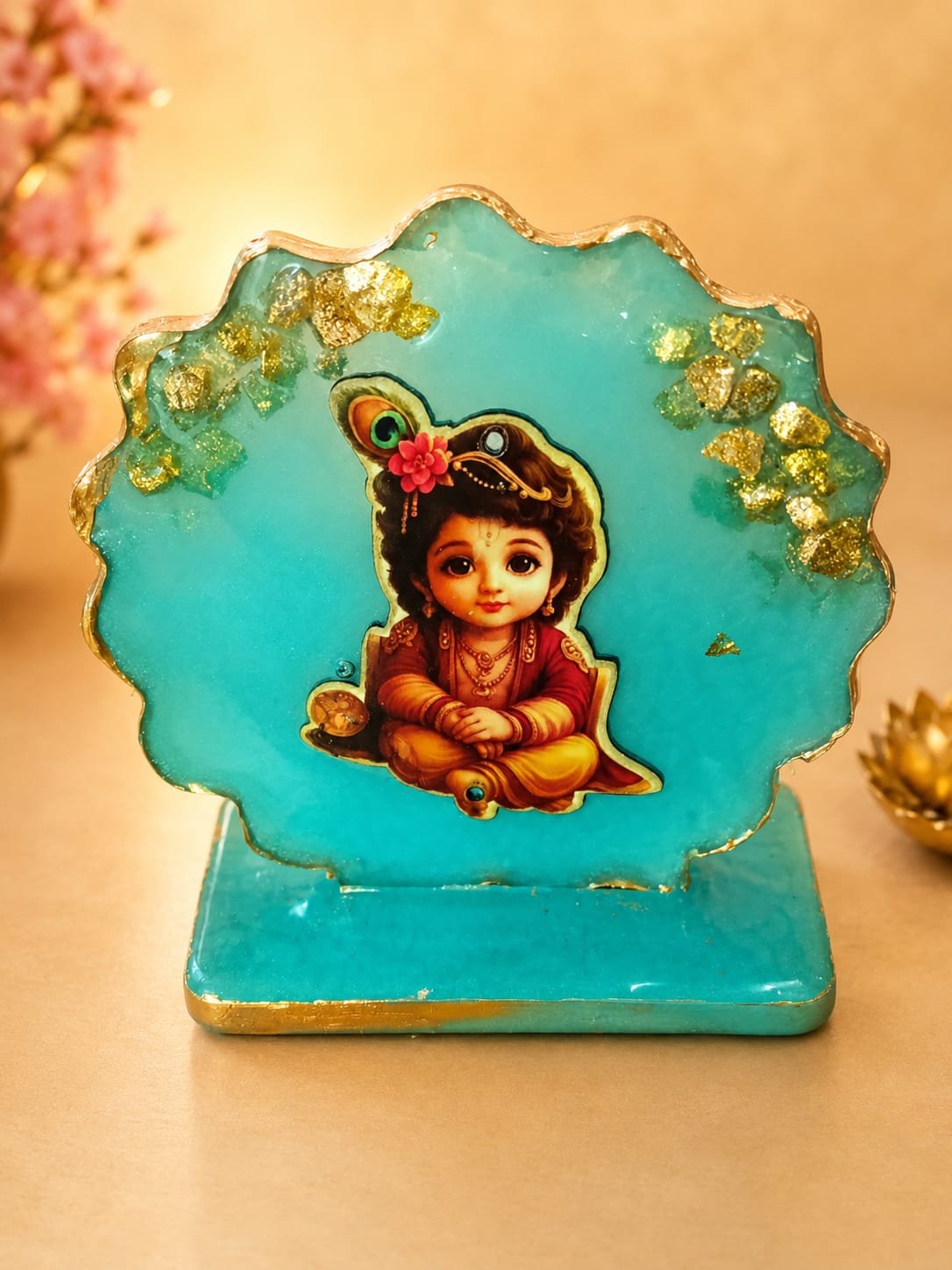 Baby krishna turquoise Resin Decorative Table /Car Stand( turquoise blue with golden accents)