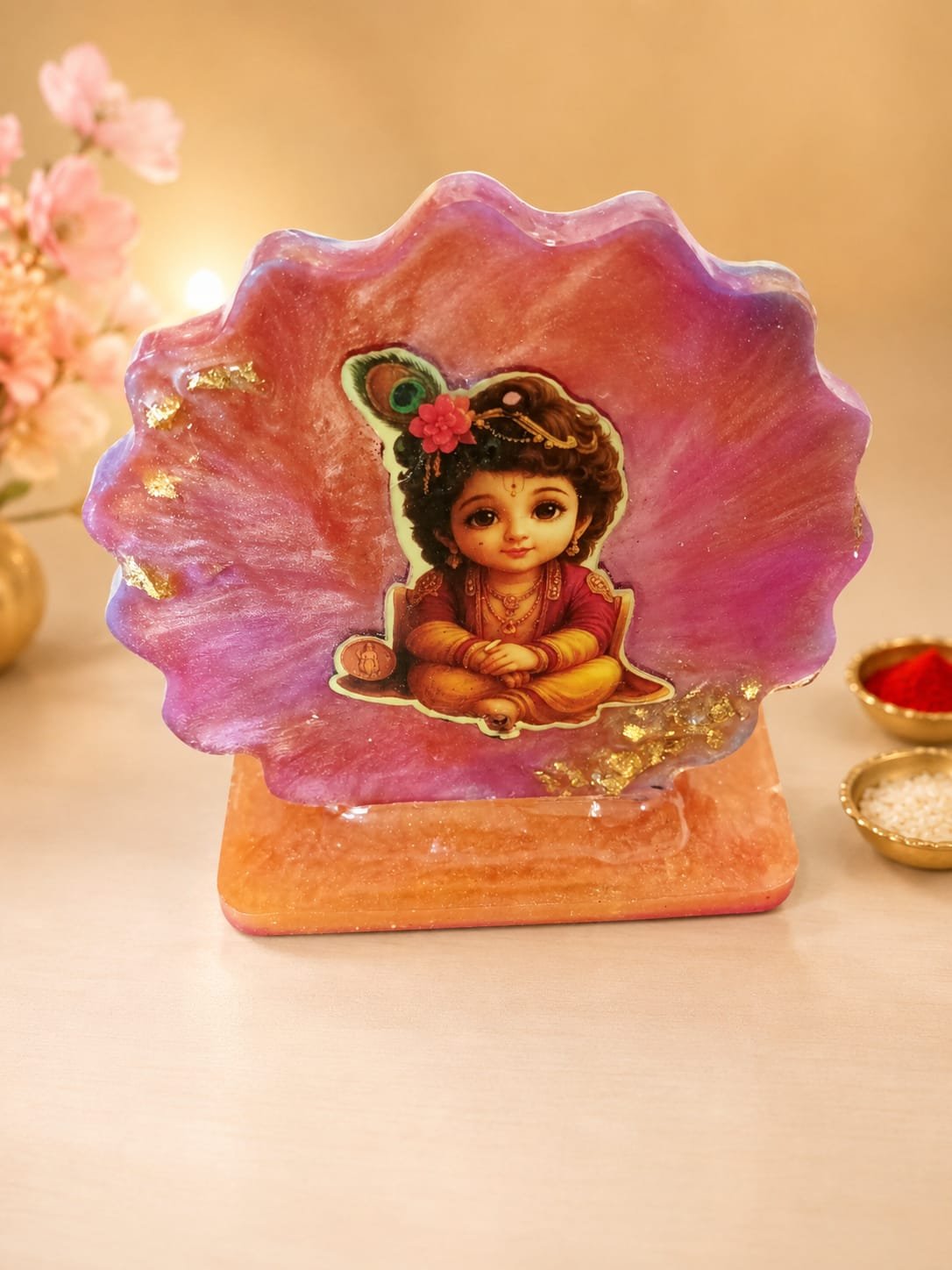 Baby Krishna pink & peach Resin Decorative Table /Car Stand ( pink,peach & purple with golden accents)