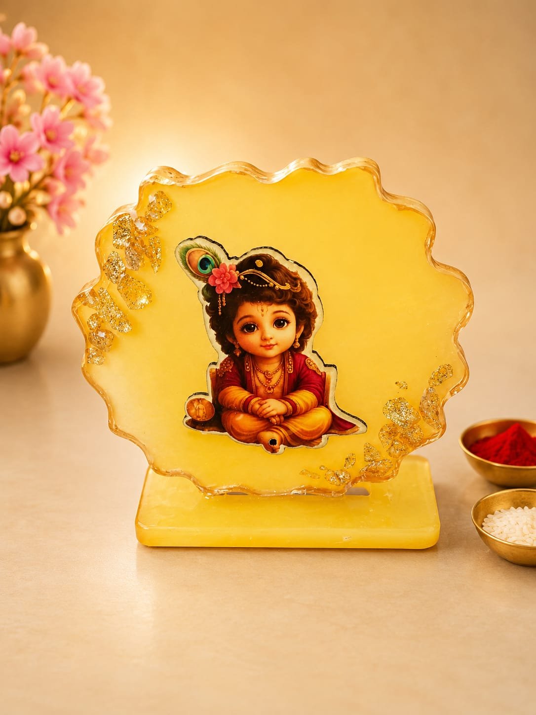 Baby krishna Golden Acrylic Decorative Table/ Car stand (Golden yellow/ Mustard yellow